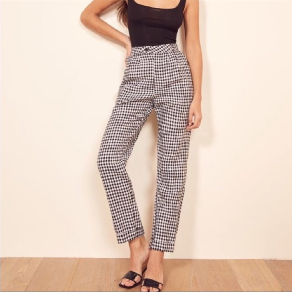 Reformation Tanner Black Gingham Plaid Linen Pants
